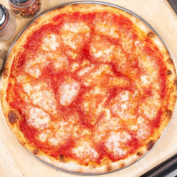 A classic L'arte Della Pizza Brooklyn cheese pizza with red sauce and melted mozzarella.